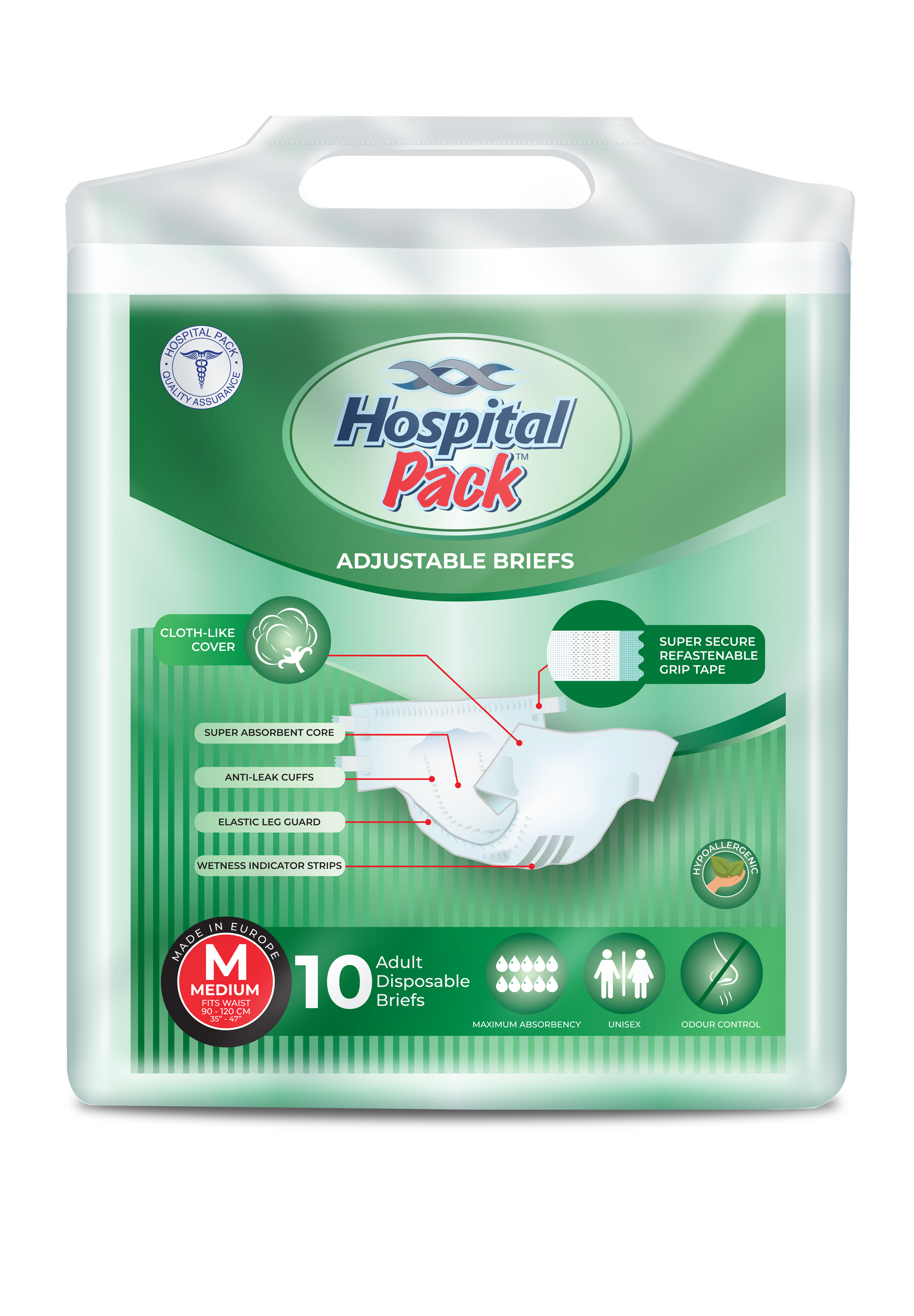 Hospital Pack Adjustable Briefs Adult Medium, 10pk