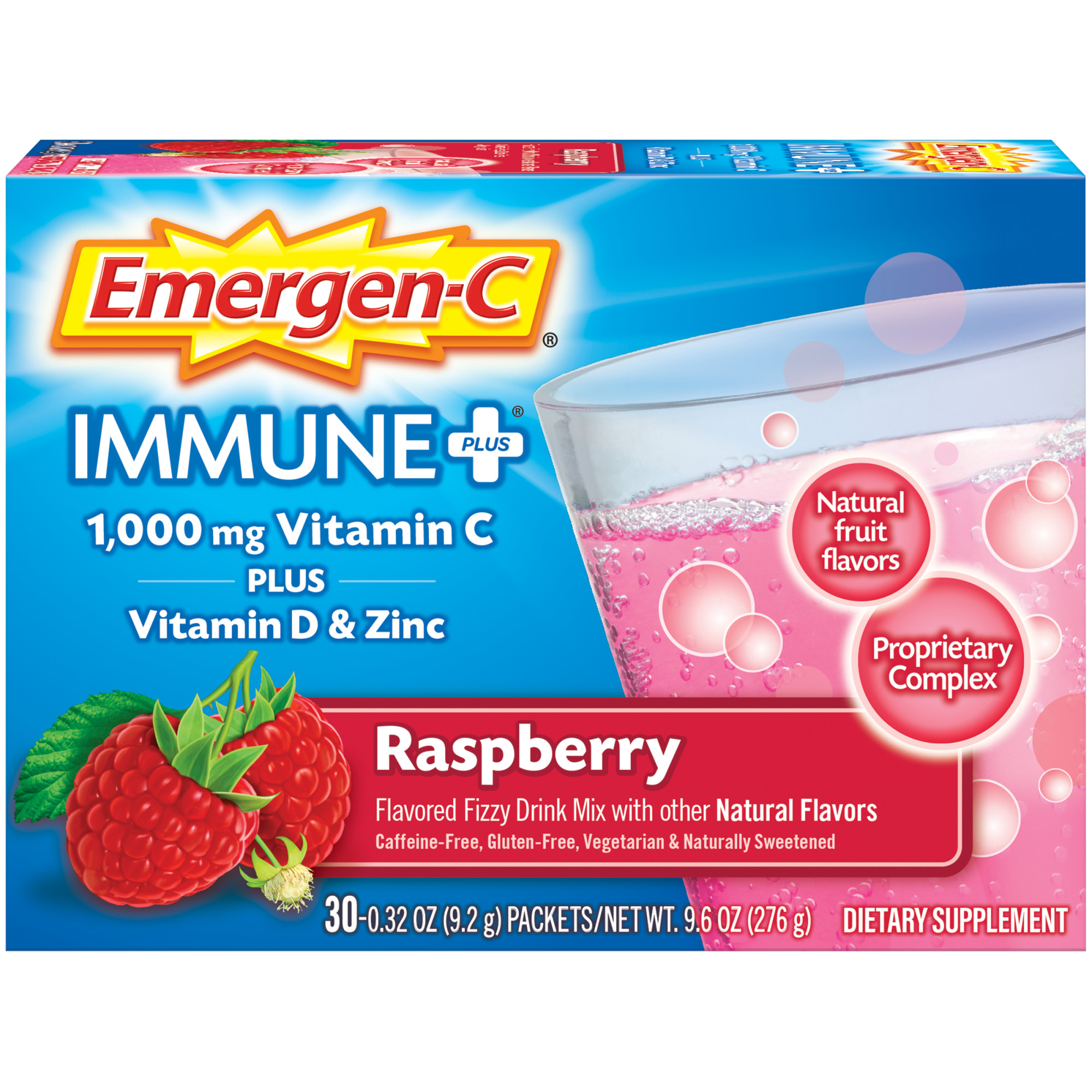 Emergen-C Immune Plus Vitamin C Supplement Powder, Raspberry, 30 Ct