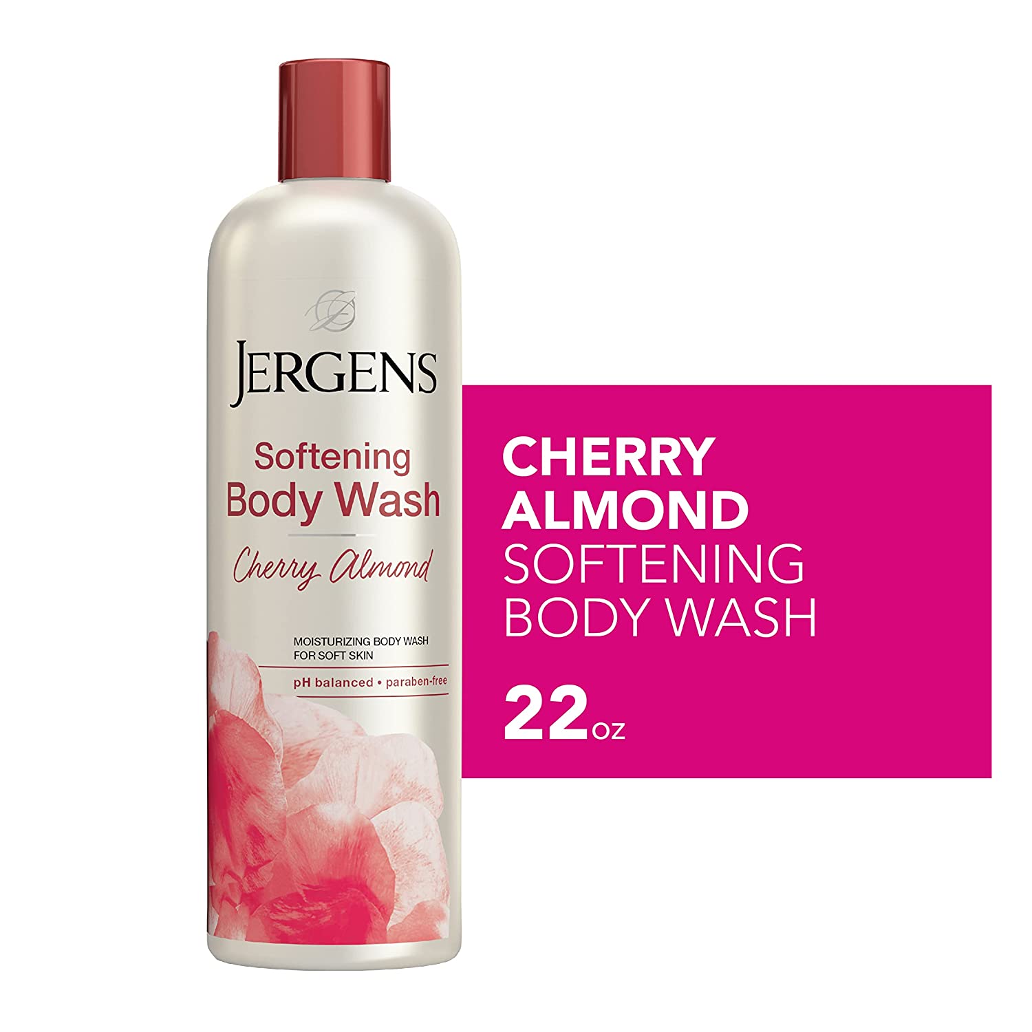 Jergens Softening Cherry Almond Body Wash, Daily Moisturizing Skin Cleanser, Paraben Free, 22 Ounces, Infused with Cherry Almond, pH Balanced, Dye Free, Dermatologist Tested (Packaging May Vary)