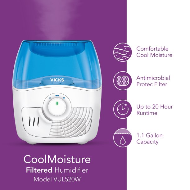Vicks 1.1 Gallon Filtered Cool Moisture Humidifier, VEV400, White/Blue - Image 5