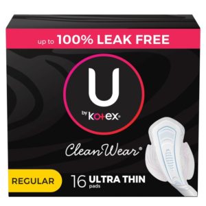 U by Kotex CleanWear Ultra Thin Feminine Pads with Wings, Regular, 16 Count (packaging may vary)