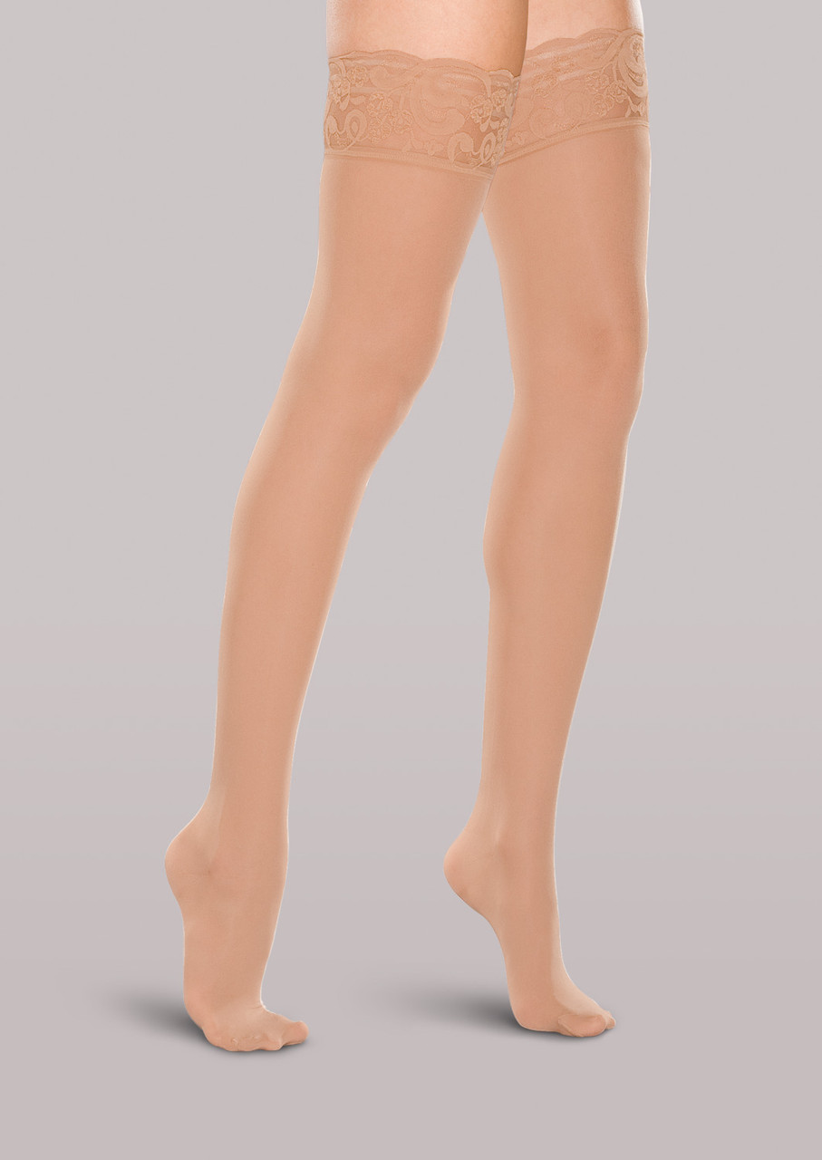 Therafirm Women's Mild Support Lace-Top Sheer Thigh High Stockings, Sand, LARGE (68452)