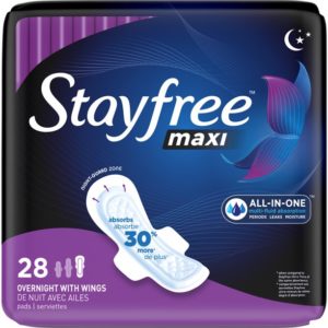Stayfree Maxi, Overnight Pads with Wings, Unscented, 28 Ct (Packaging May Vary)