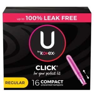 U by Kotex Click Compact Tampons, Regular, Unscented, 16 Count (Packaging may vary)
