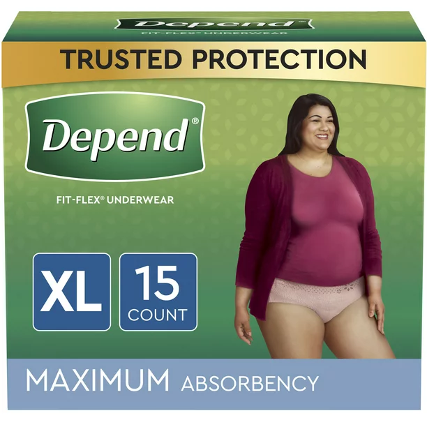 Depend Fit-Flex Adult Incontinence Underwear for Women, Maximum Absorbency, Extra-Large, Light Pink, 15 Count