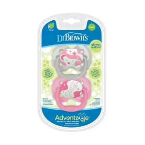 Dr. Brown's Advantage Reversible Baby Pacifier, Breathable Open Shield for Max Airflow, 100% Silicone Rounded Bulb, Pink Glow-in-The-Dark - 2-Pack - 0-6m