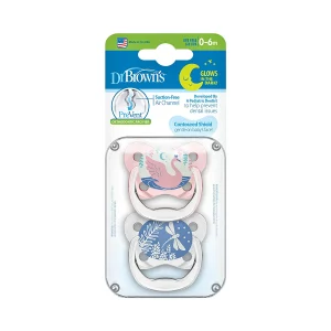 Dr. Brown's PreVent Orthodontic Baby Pacifier, Suction Free Air Channel, Contoured Butterfly Shield is Gentle on Face, Made in USA, Stage 1, 0-6m, 2-Pack, Glow in the Dark - Pink