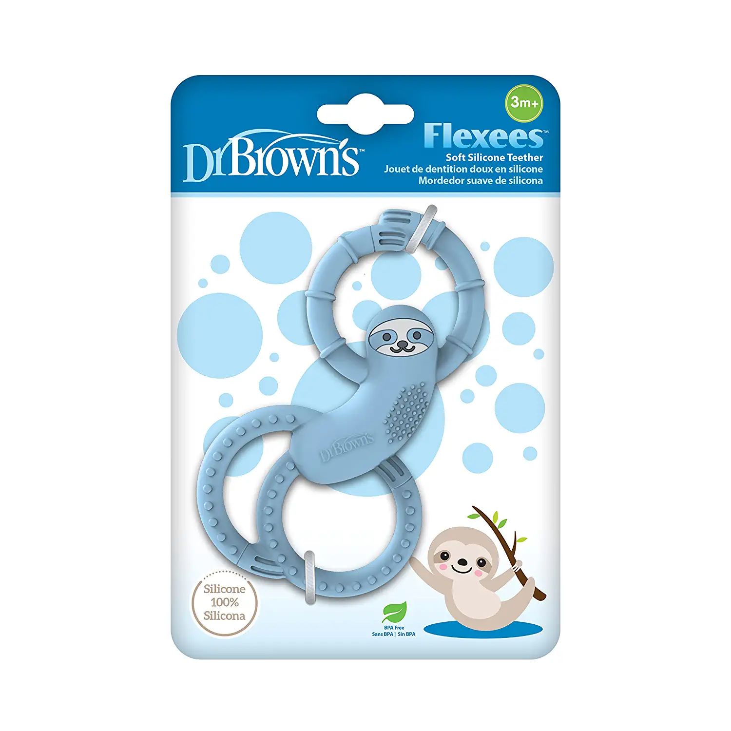 Dr. Brown's Flexees Sloth Teether for Infant & Baby, Blue, 100% Silicone, BPA Free, 3m+