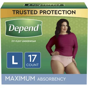 Depend Fit-Flex Adult Incontinence Underwear for Women, Maximum Absorbency, Large, Light Pink, 17 Count (Packaging may vary)