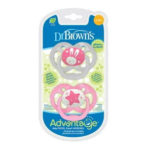 Dr. Brown's Advantage Reversible Baby Pacifier, Breathable Open Shield for Max Airflow, 100% Silicone Rounded Bulb, Pink Glow-in-the-Dark, 2-Pack, 6-18m