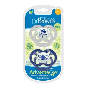 Dr. Brown's Advantage Reversible Baby Pacifier, Breathable Open Shield for Max Airflow, 100% Silicone Rounded Bulb, Blue Glow-in-the-Dark, 2-Pack, 6-18m