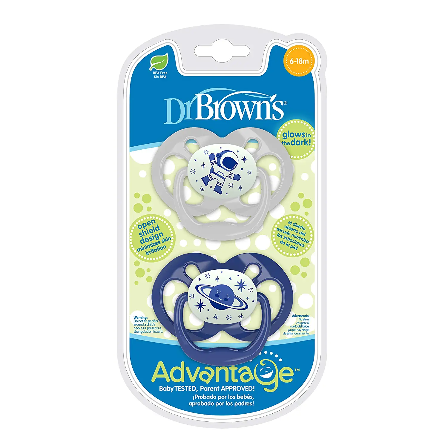 Dr. Brown's Advantage Reversible Baby Pacifier, Breathable Open Shield for Max Airflow, 100% Silicone Rounded Bulb, Blue Glow-in-the-Dark, 2-Pack, 6-18m