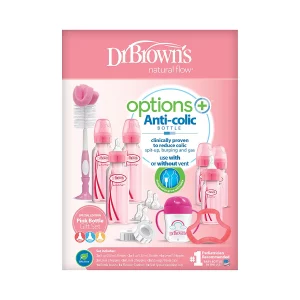 Dr. Brown’s Anti-Colic Options+ Narrow Baby Bottle First Year Feeding Gift Set , Baby Bottle Brush & 100% Silicone Teether, Pink