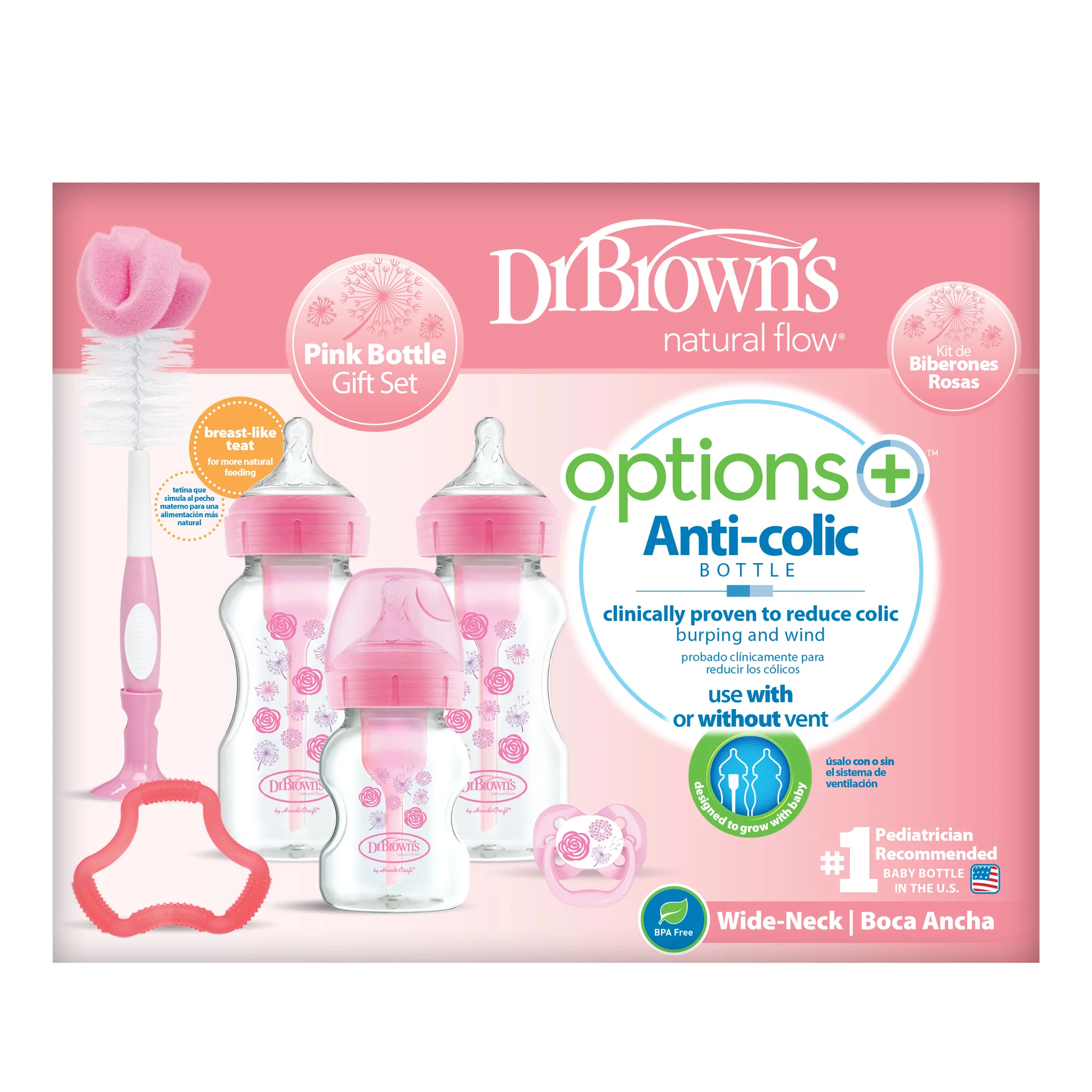 Dr Brown's Options+ Anti-Colic Baby Bottles Gift Set, Pink WB03601- ESX
