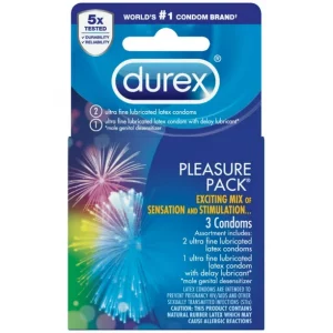 Durex Pleasure Pack, Assorted Lubricated Premium Condoms, 3 ct
