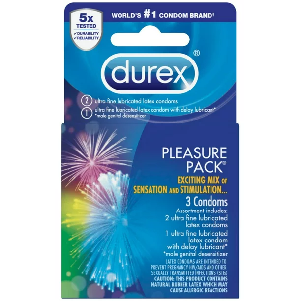 Durex Pleasure Pack, Assorted Lubricated Premium Condoms, 3 ct