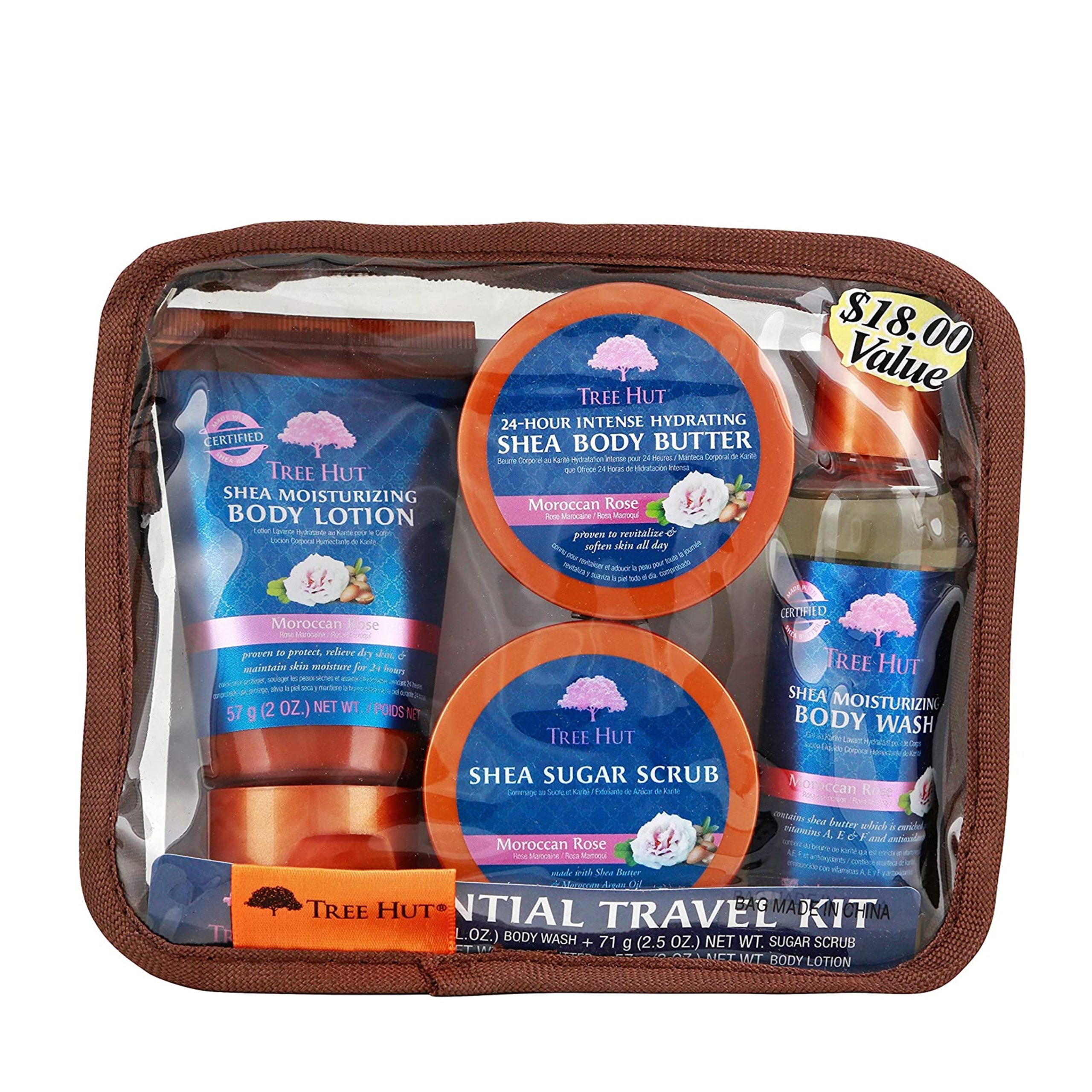 Tree Hut Essential Travel Kit, Moroccan Rose, 4 Items in One Bag, for Nourishing Essential Body Care on The Go!