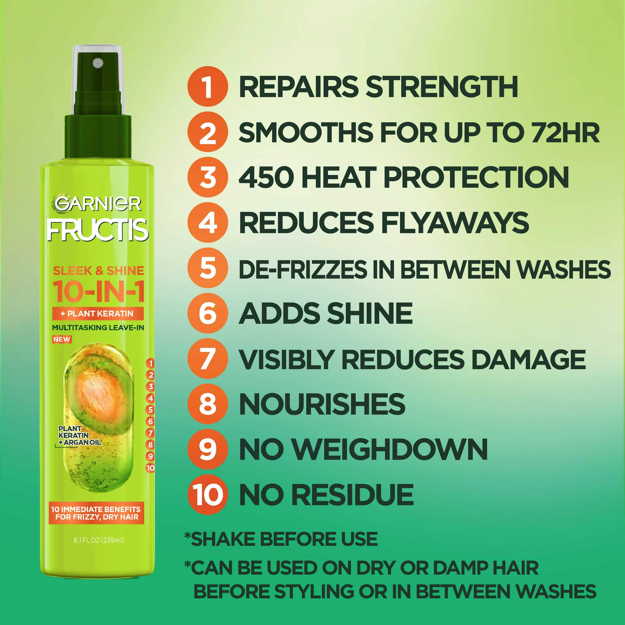 Garnier Fructis Sleek and Shine 10 in 1 Spray with Plant Keratin, 8.1 fl oz - Image 4