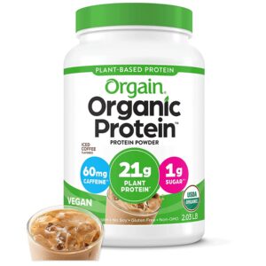 Orgain Organic Vegan Protein Powder, Iced Coffee, 21g of Plant Based Protein, 60mg of Caffeine, Low Net Carbs, Non Dairy, Gluten Free, No Sugar Added, Soy Free, Kosher, Non-GMO, Flavored, 2.03 Lb