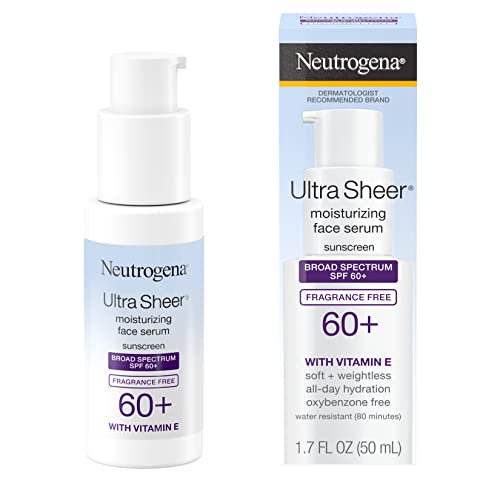 Neutrogena Ultra Sheer Moisturizing Face Serum with Vitamin E & SPF 60+, All Day Facial Sunscreen Serum with Broad Spectrum UVA/UVB Protection, Fragrance-Free,1.7 oz