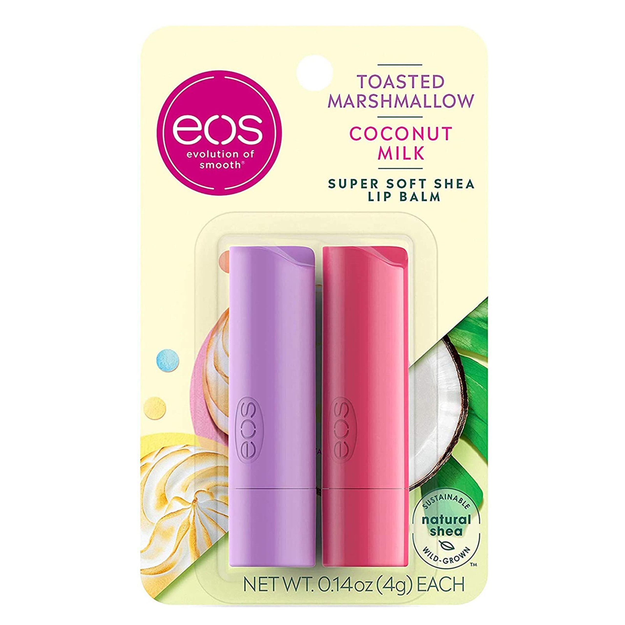 eos Super Soft Shea Balm for Moisturizing Dry Lips, Toasted Marshmallow and Coconut Milk, 24 Hour Hydration, Gluten Free, 0.14 Oz, Pack of 2