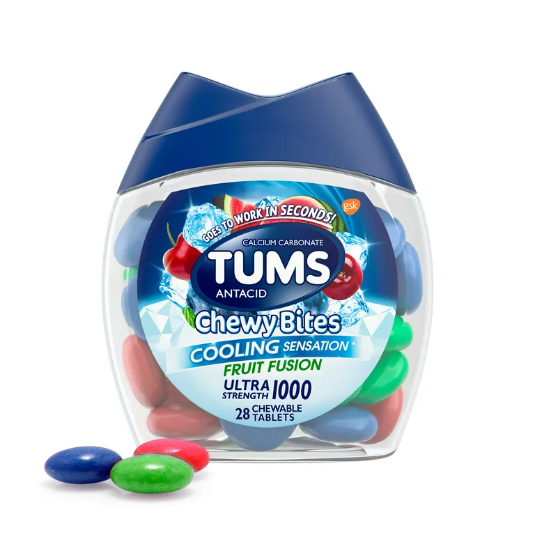 Tums Chewy Bites Fast Cooling Sensation Antacid, Fruit Fusion, 28 Tablets