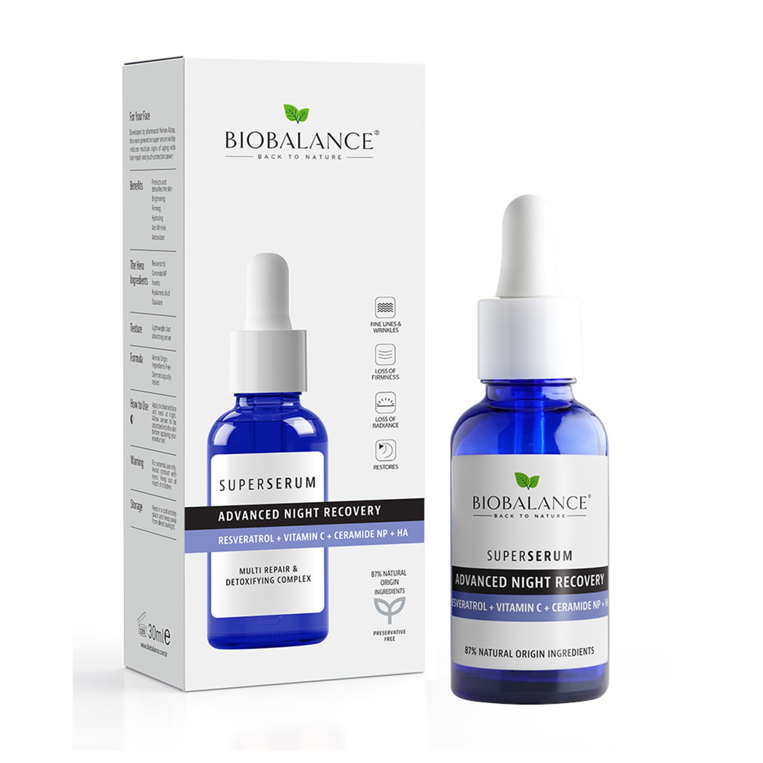 Bio Balance ADVANCED NIGHT RECOVERY SUPER SERUM RESVERATROL + CERAMIDE NP + VIT C + HYALURONIC ACID
