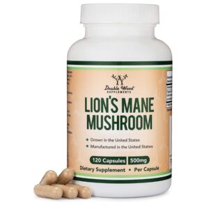 Double Wood Lions Mane Supplement Mushroom Capsules (Two Month Supply - 120 Count) for Brain Support and Immune Health