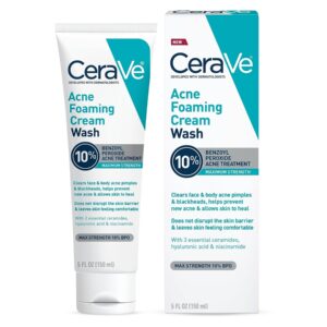 CeraVe Acne Foaming Cream Wash | Face and Body Acne Wash with Benzoyl Peroxide 10% Maximum Strength | Fragrance Free | 5 Oz