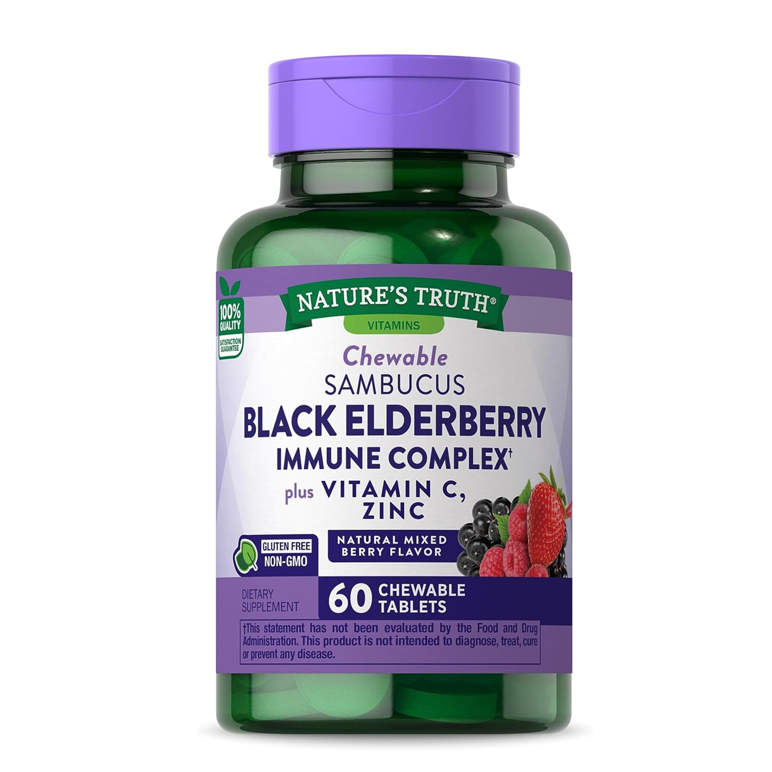 Nature's Truth Black Elderberry Immune Complex | 60 Chewable Tablets | Plus Vitamin C & Zinc | Natural Mixed Berry Flavor | Vegetarian