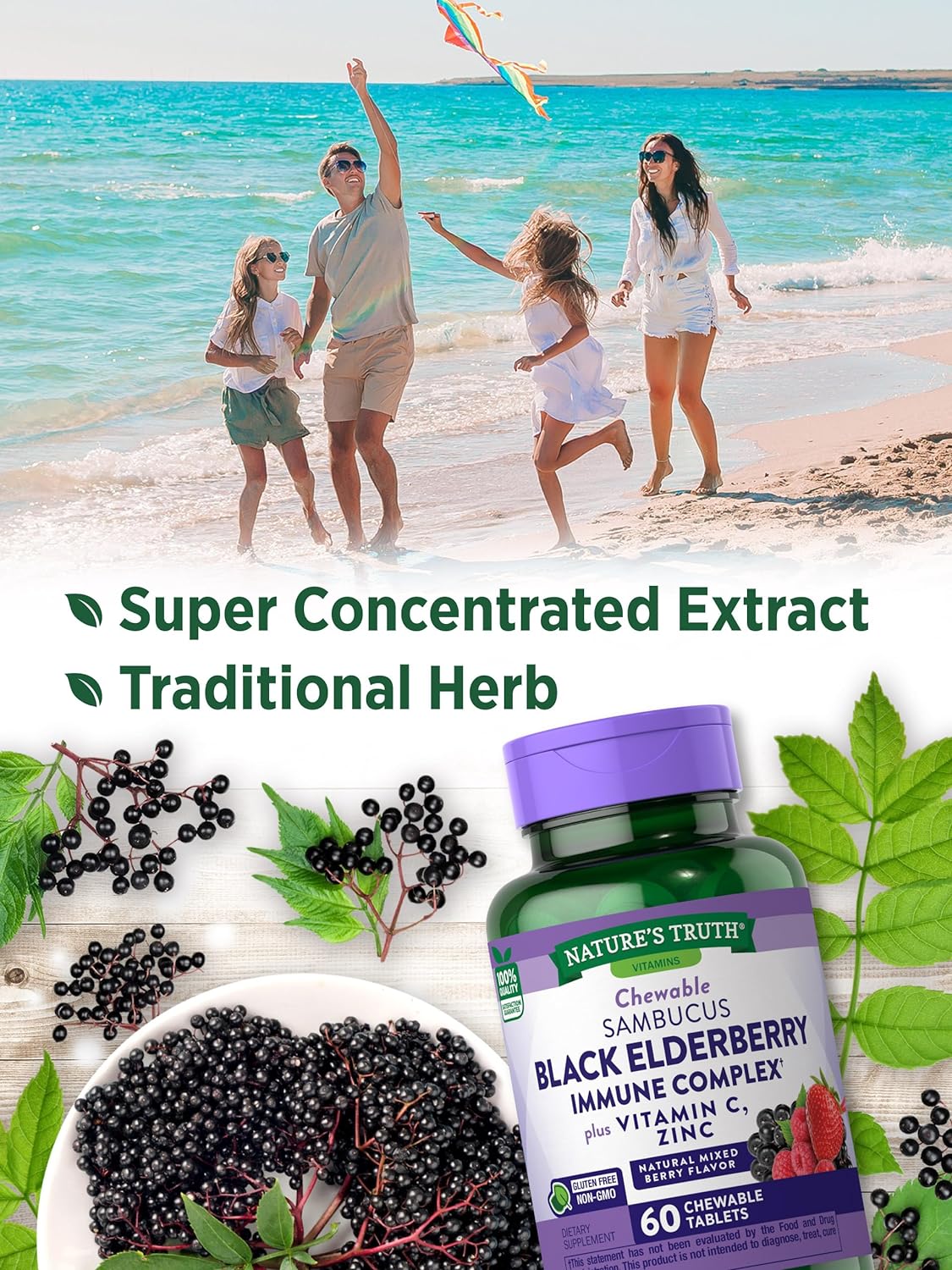 Nature's Truth Black Elderberry Immune Complex | 60 Chewable Tablets | Plus Vitamin C & Zinc | Natural Mixed Berry Flavor | Vegetarian - Image 3