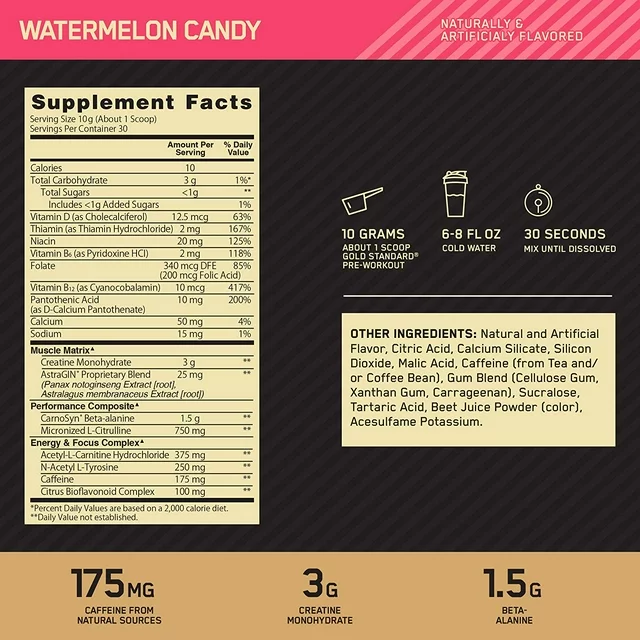Optimum Nutrition, Gold Standard Pre-Workout, Watermelon Candy, 10.58 oz, 30 Servings - Image 3
