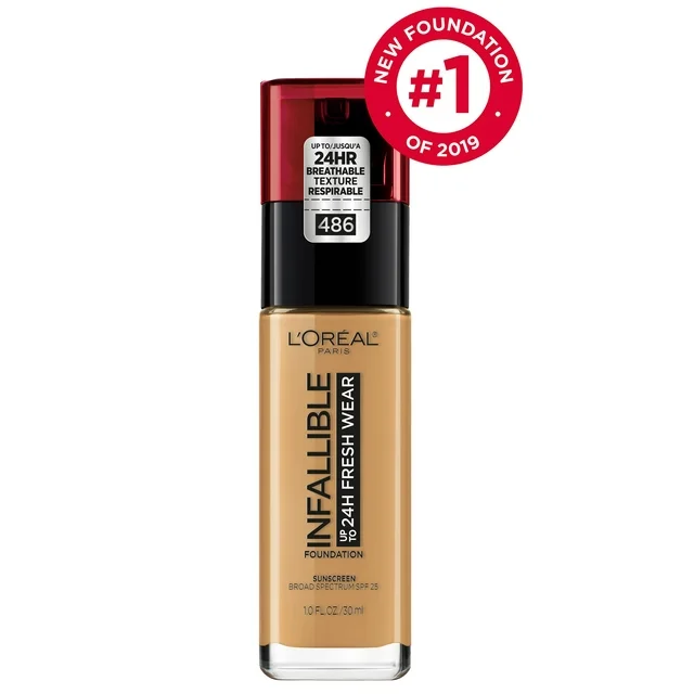 L'Oreal Paris Infallible Fresh Wear 24 Hr Liquid Foundation Makeup, 486 Toasted Almond, 1 fl oz