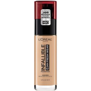L'Oreal Paris Makeup Infallible Up to 24 Hour Fresh Wear Lightweight Foundation, Golden Beige, 1 Fl Oz. 460