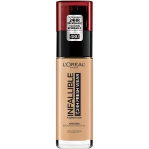 L'Oreal Paris Infallible Fresh Wear 24 Hr Liquid Foundation Makeup, 480 Radiant Sand, 1 fl oz