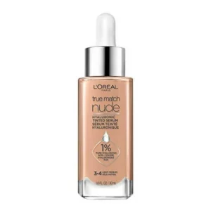 LOreal Paris True Match Nude Hyaluronic Tinted Serum Foundation with 1% Hyaluronic acid, Light-Medium 3-4, 1 fl. oz.