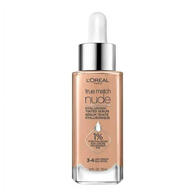 LOreal Paris True Match Nude Hyaluronic Tinted Serum Foundation with 1% Hyaluronic acid, Light-Medium 3-4, 1 fl. oz.