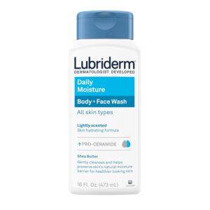 Lubriderm Daily Moisture Body + Face Wash, Hydrating Body Wash + Moisturizing Facial Cleanser with Pro-Ceramide & Shea Butter , 16 fl. oz