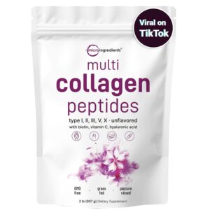 Micro Ingredients Multi Collagen Protein Powder, 2lbs – Type I,II,III,V,X with Biotin, Hyaluronic Acid, Vitamin C – Unflavored Collagen Peptides - 2lb - 82 SERVINGS