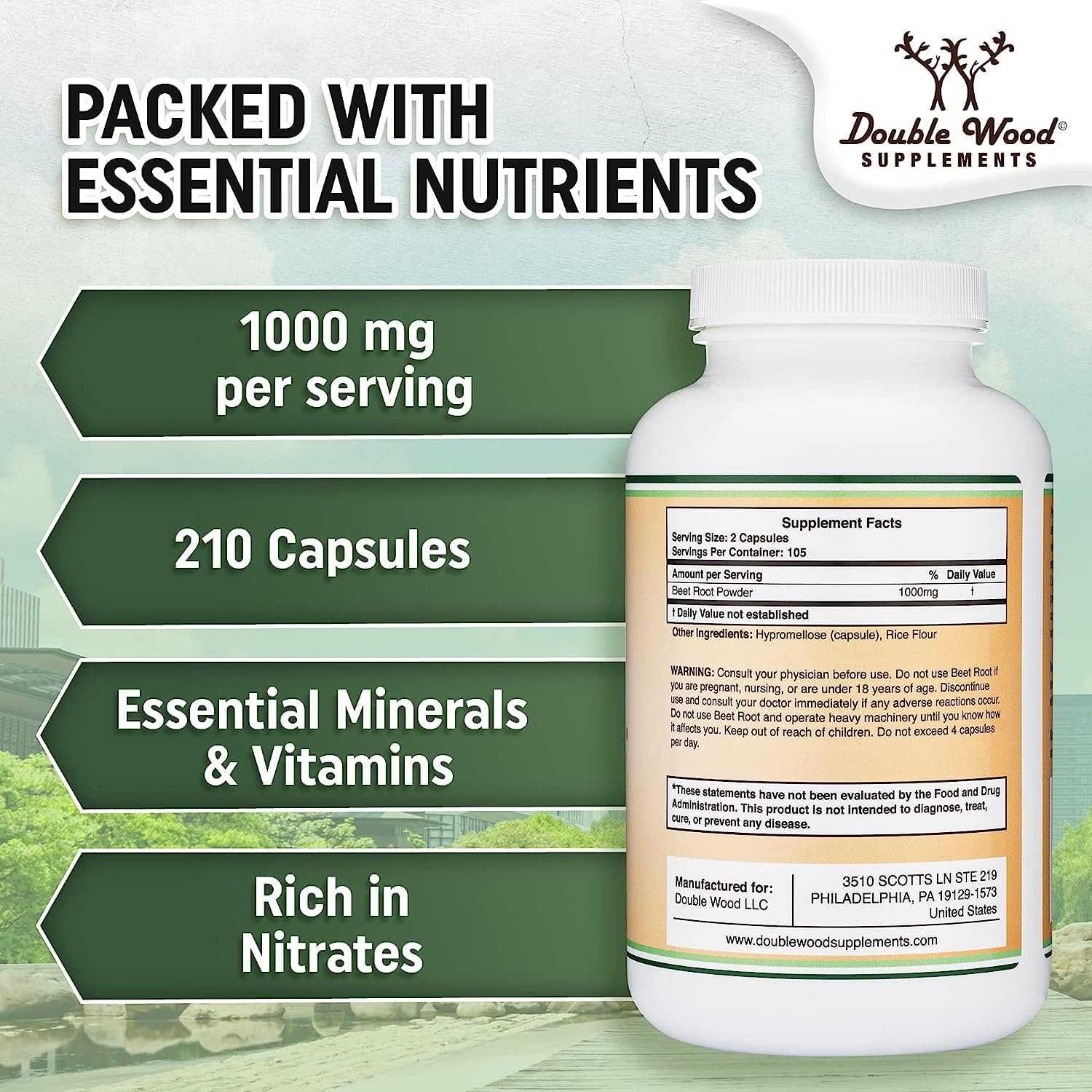 Double Wood Beet Root Powder Capsules (Organic and Vegan) (210 Count, 1,000mg Per Serving) - Image 5