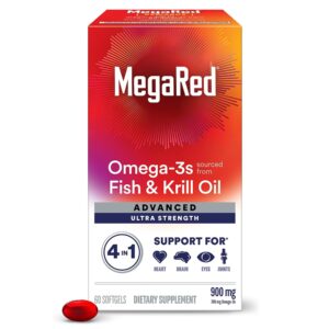 MegaRed Fish Oil + Krill Oil 900mg Omega 3 Supplement with EPA & DHA, Supports Heart, Brain, Joint and Eye Health, No Fishy Aftertaste - 60 Softgels (60 servings)