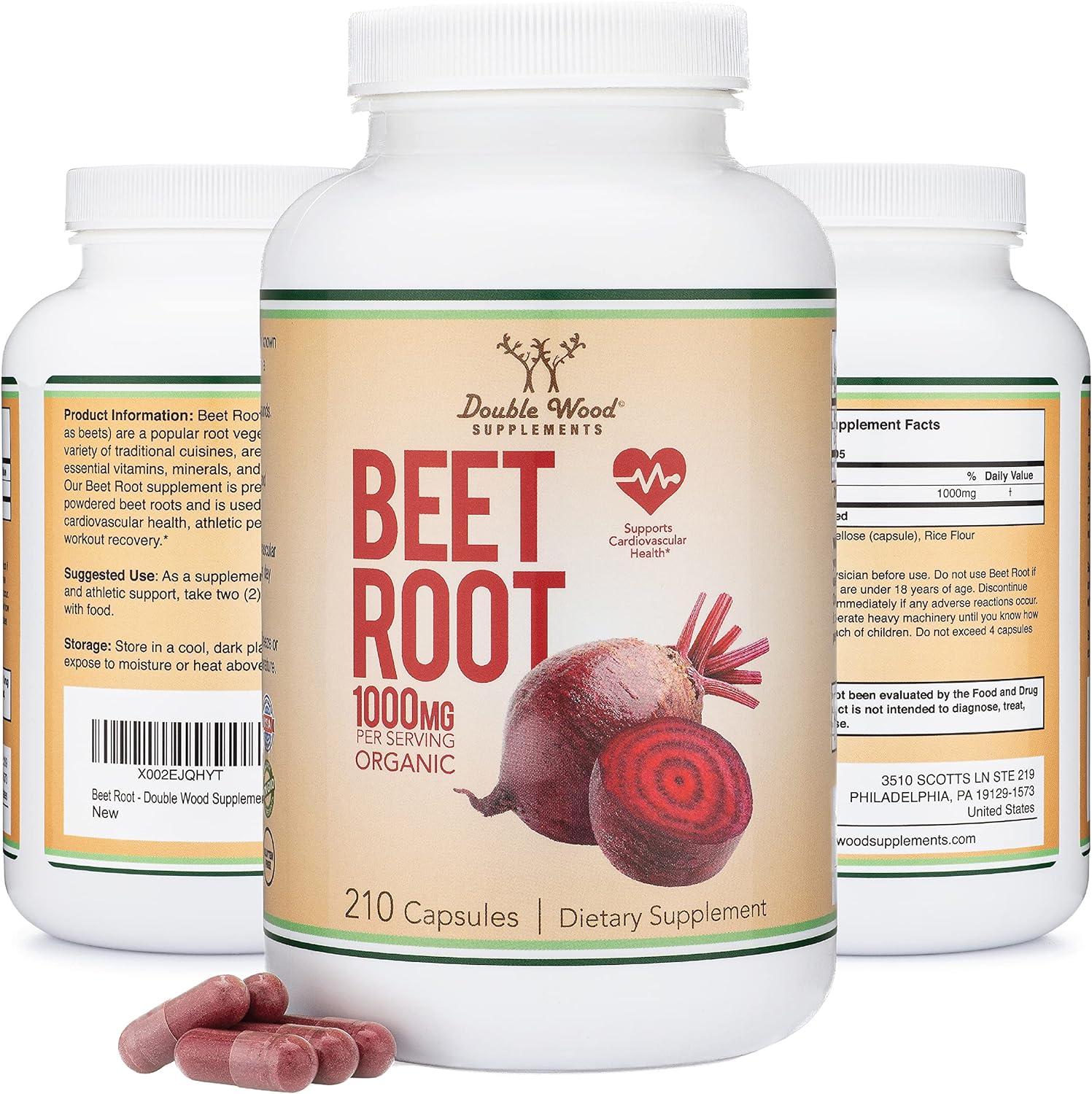 Double Wood Beet Root Powder Capsules (Organic and Vegan) (210 Count, 1,000mg Per Serving)