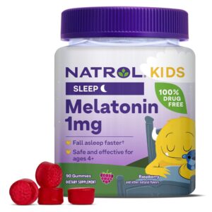 Natrol Kids Melatonin 1mg, Supplement for Restful Sleep, Sleep Gummies for Children, 90 Raspberry-Flavored Melatonin Gummies, 90 Day Supply