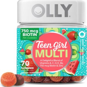 OLLY Teen Girl Multi Gummy, Healthy Skin and Immune Support, 15 Essential Vitamins, Biotin, Zinc, Calcium, Chewable Multivitamin, Berry Melon, 35 Day Supply - 70 Count