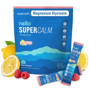 Nello Supercalm Powdered Drink Mix, Raspberry Lemonade, L Theanine, Ksm-66 Ashwagandha, Magnesium Glycinate, Vitamin D 3, Supplements for Relaxation & Focus, No Sugar,20 Ct