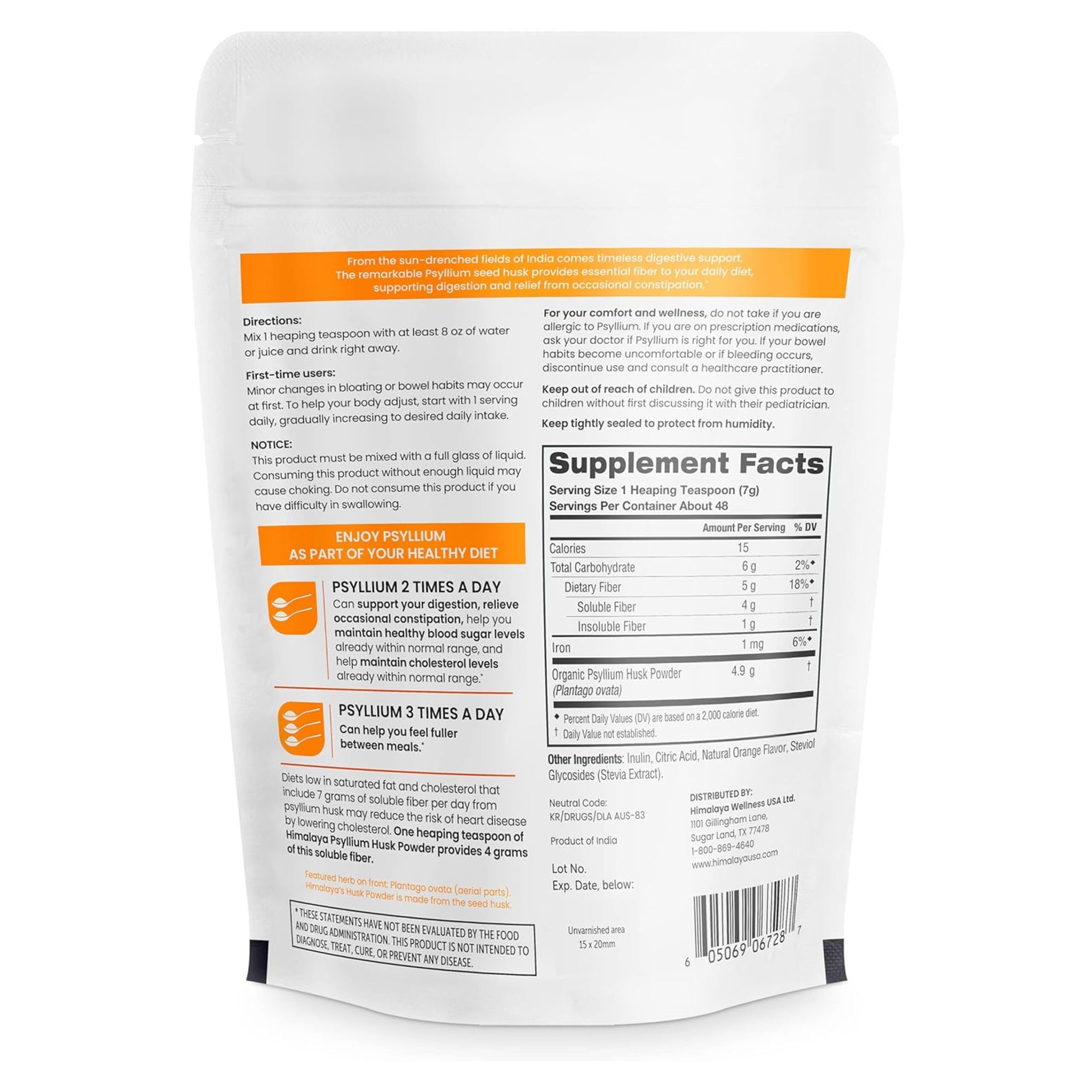 Himalaya Orange Psyllium Husk Powder, Daily Fiber Supplement for Regularity & Digestive Support, Sugar Free, Gluten Free, Vegan, No Artificial Colors, Easy-to-Mix,12 oz (340 g) - Image 3