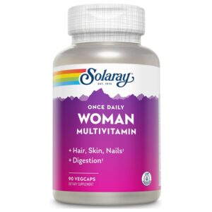 Solaray Once Daily Woman Multivitamin with Iron, Womens Multivitamin with Hair, Skin & Nails Blend, Enzyme Blend & Whole Food Base, Healthy Energy, Immune & Digestion Support, 90 Servings, 90 VegCaps