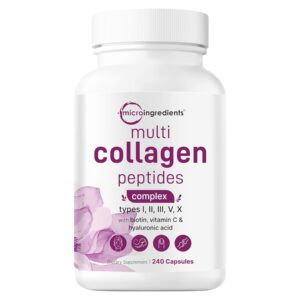 Micro Ingredients Multi Collagen Pills for Women & Men, 240 Capsules | Type I, II, III, V, X - Hydrolyzed Collagen Peptides with Biotin, Hyaluronic Acid & Vitamin C | Hair, Skin, Nail & Joint Support