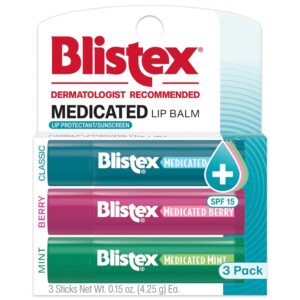 Blistex Medicated Balm Lip Protectant Lip Moisturizer SPF 15 Classic, Mint, Berry 3 Count