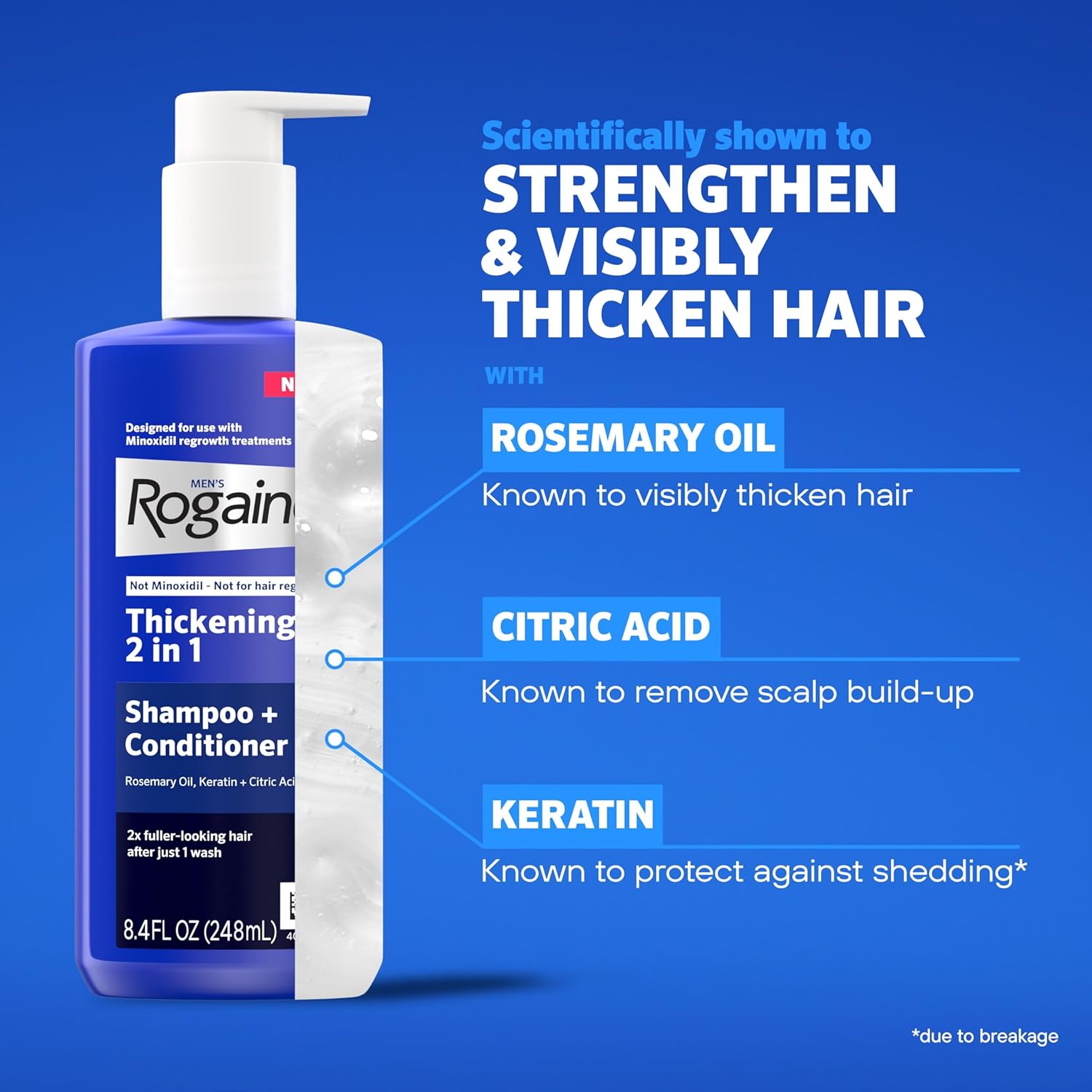 Rogaine Men's Thickening 2 in 1 Shampoo + Conditioner, Hair Thickening Shampoo & Conditioner with Rosemary Oil, Keratin & Citric Acid Leaves Hair Visibly Thicker, Not Minoxidil, 8.4 fl. oz - Image 6